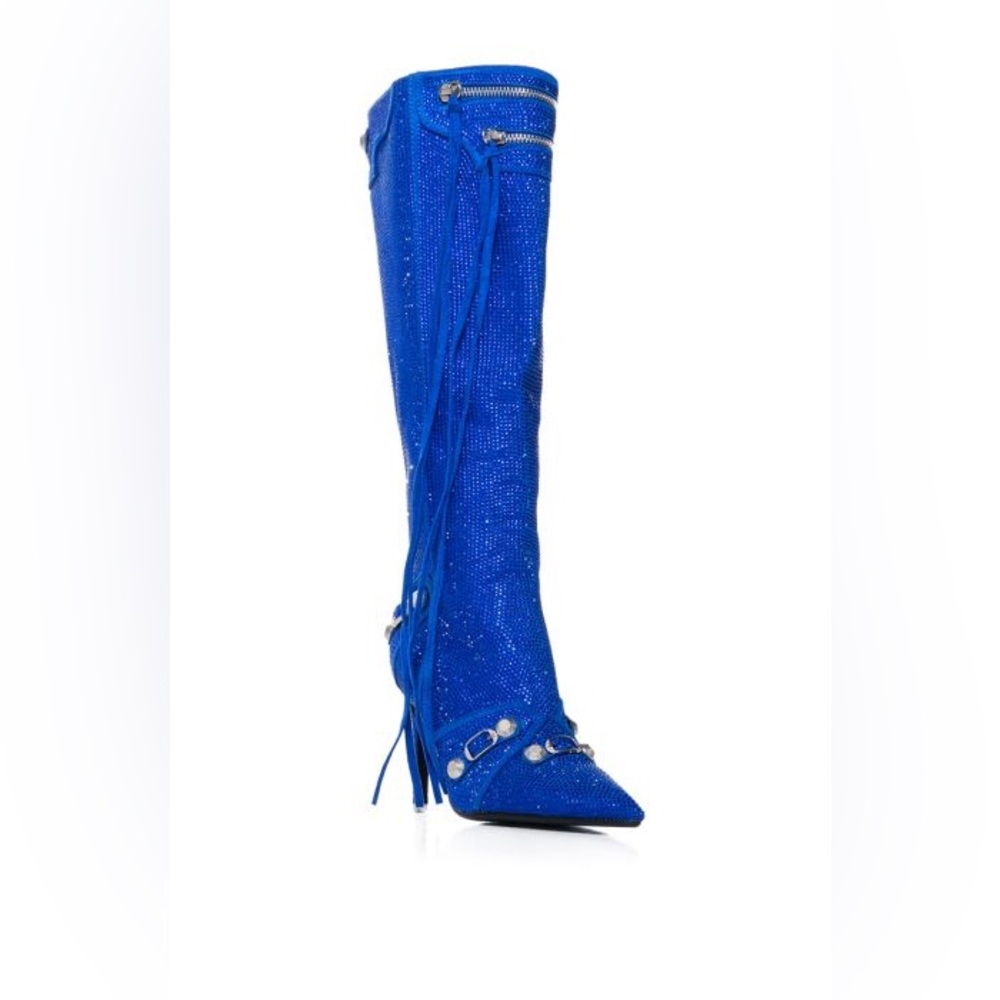 AZALEA WANG JUST FOR YOU RHINESTONE STILETTO BOOT IN BLUE ELECTRIC